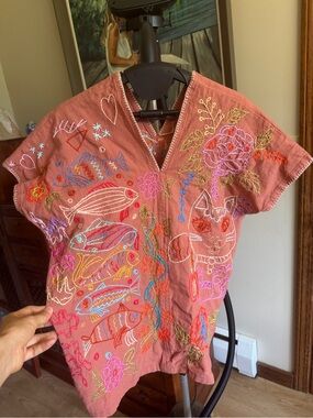 New. Handmade in Thailand Embroidered Coral V-Neck Women’s Top